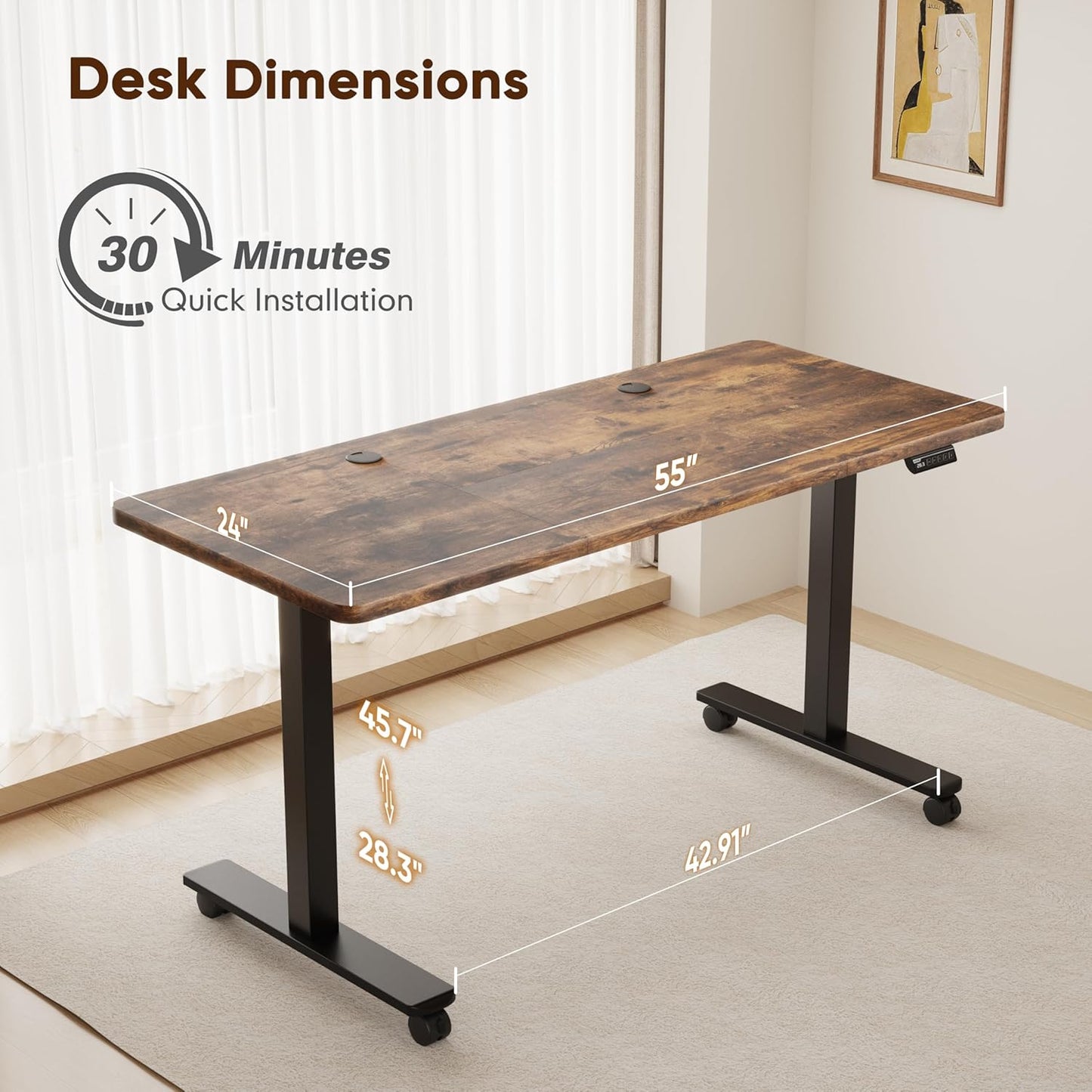 55" Electric Standing Desk,Height Adjustable Home Office Sit Stand up Computer PC Table,Tall Standup Workstation, Gaming, Writing, Study,Bedroom Rising Desks with Two-Piece Desktop,Brown