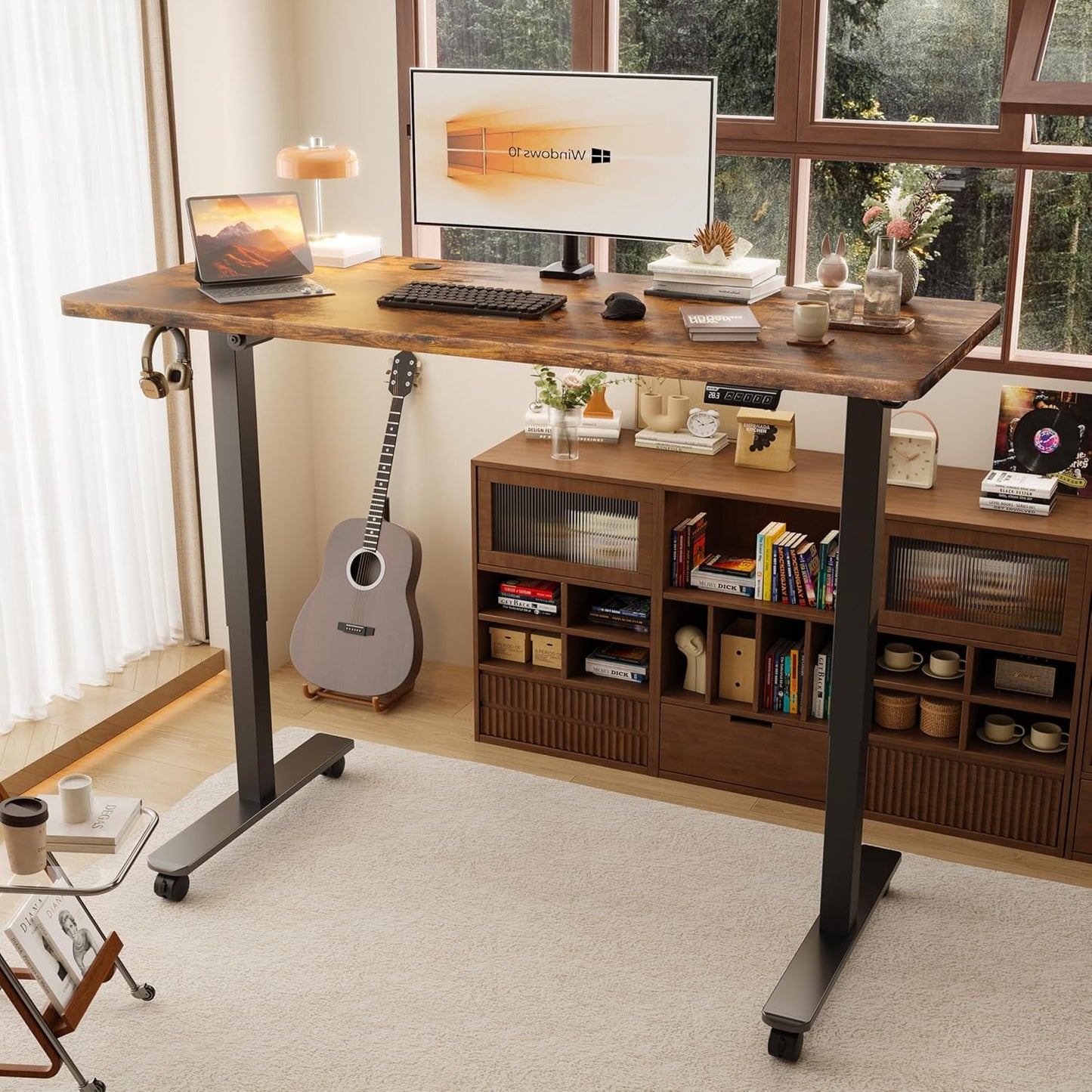 55" Electric Standing Desk,Height Adjustable Home Office Sit Stand up Computer PC Table,Tall Standup Workstation, Gaming, Writing, Study,Bedroom Rising Desks with Two-Piece Desktop,Brown